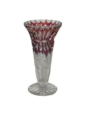 Vintage Crystal Trumpet Vase Ruby Red Clear Hobstar Flower 1980’s 6.75” Flared
